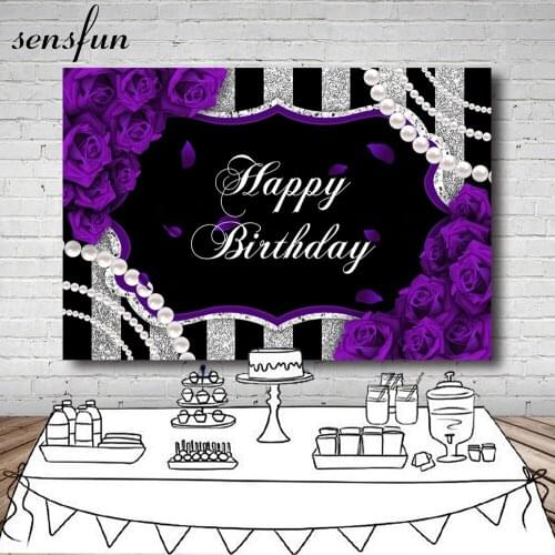 Sensfun Purple Flowers Lady Woman Happy Birthday Backdrop Black Glitter Silver Pearls Photography Background Custom Photo Studio