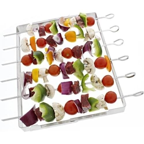 BBQ Skewer Rack for Grilling Shish Kebob skewers Durable Foldable BBQ Skewer Holder with 6pcs Stainless Steel BBQ Sticks Fork