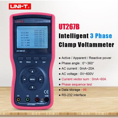 UNI-T UT267B 3 Phase Clamp Voltammeter;Dual-clamp phase volt-ampere meter,Phase sequence test Active/Apparent/Reactive power