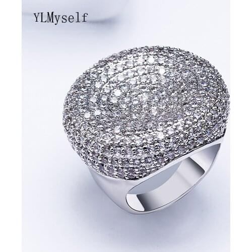 Wonderful big rings Pave setting cz crystal Gold white color luxury jewelry fast shipment large round shape finger ring