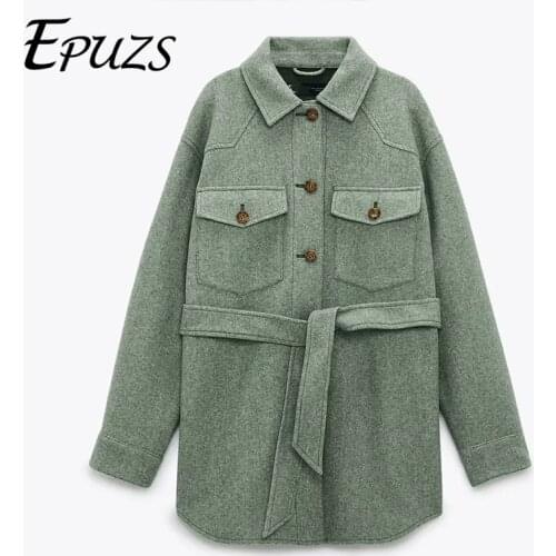 Famale Clothing Za Women 2020 Fashion Slim Pocket Oversize Jacket Coat Vintage Sashes Green Wool Coat Famale Outerwear Chic Top