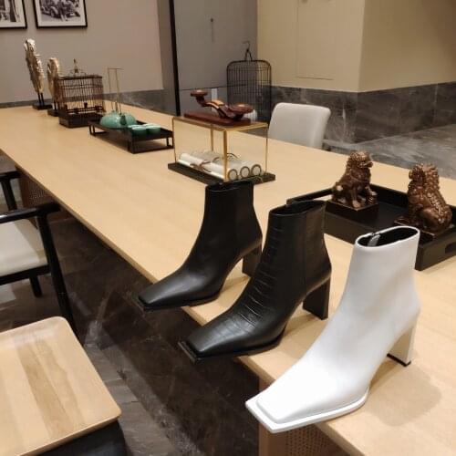 Square Toe Women Ankle Boots Autumn Winter New Genuine Leather Designer Shoes Zipper High Heels Boots Botas De Mujer Size 34-41