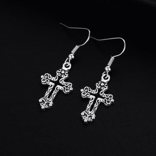 Trendy Vintage Cross Shape Dangle Antique Silver Plated Earrings for Women Girl Retro Drop Earrings Cute Earring Jewelry Bijoux