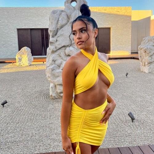 Women’s Two Piece Skirt Suits Sets Criss Cross Halter Crop Tank Tops+Drawstring Ruched Mini Skirt Ladies Party Club Streetwear