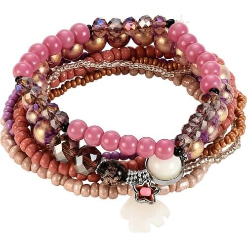 Women Bohemian Beach Style Multi Layers Beaded Alloy Bracelet Pendant Layered Hand Chain Ladies Jewelry