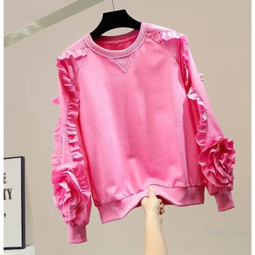 Sweet Pleated Ruffles Sweatshirt Women Large Flower Lantern Sleeve Crew Neck Pullover Hoodies Female Lady Tops Pink Blue