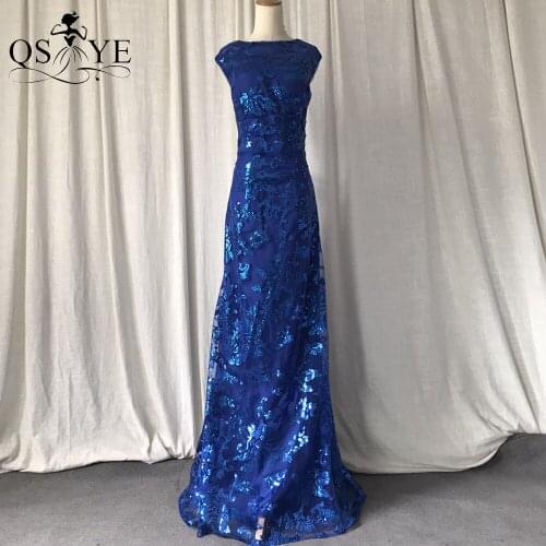Royal Blue Evening Dresses Mermaid Long Prom Gown Sequined Sleeveless Party Dress Open Low Back Sequin Formal Dress Floor Length