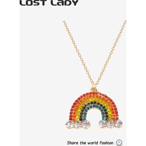 Lost Lady Cute Colorful Rainbow Pendant Necklaces Long Chain Charm Rhinestone Necklaces for Women Shiny Party Jewelry Wholesale