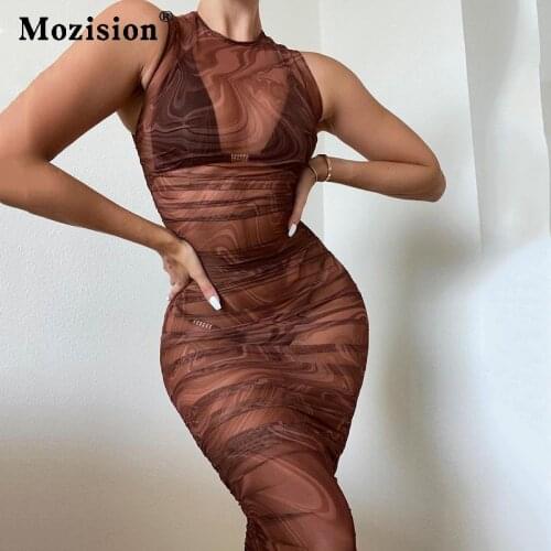 Mozision Mesh Print See Through Bodycon Dress Women Summer O-Neck Sleeveless Mini Dresses Casual Sexy Club Vestidos Femme