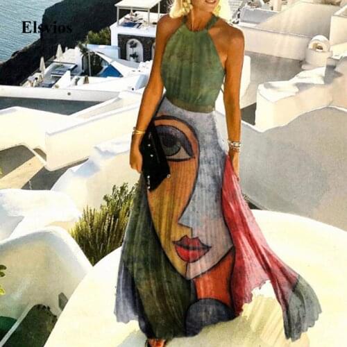 Women Sexy Halter O Neck Long Dress 2021 Summer Sleeveless Pleated Maxi Party Dress Elegant Vintage Print Lady Beach Boho Dress