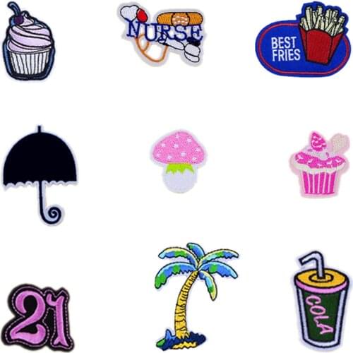 50pcs/lot Embroidery Patches Letters Clothing Decoration Accessories Umbrella Mushroom Drink Diy Iron Heat Transfer Applique
