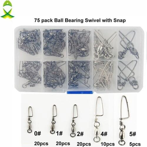 JSM 75pcs Ball Bearing Fishing Swivel With Coastlock Snap Sea Fishing Swivels Connector Set With Box