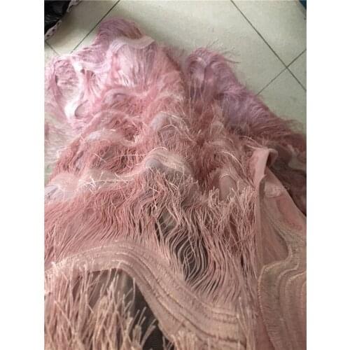 Baby pink embroidewred YG-785 best quality embroidered african tulle mesh lace fabric with fringe for fashion show dress