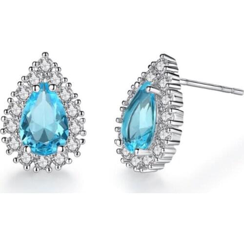 KOFSAC New Popular Silver 925 Stud Earrings For Women Wedding Shiny Zircon Charm Blue Crystal Earring Female Engagement Jewelry