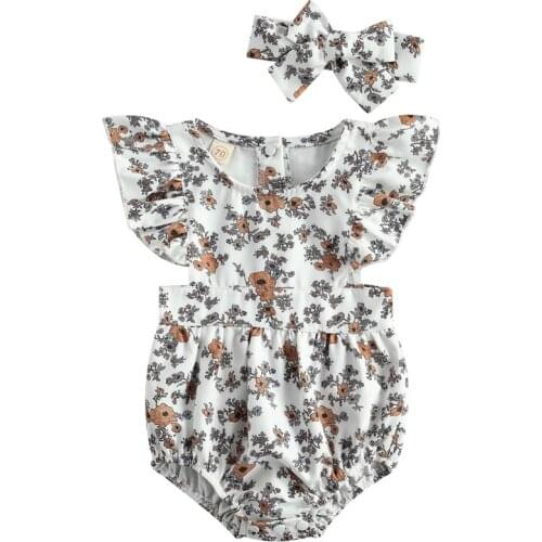 Pudcoco 0-24M 2Pcs Flower Print Summer Butterfly Short Sleeve O-Neck Button Up Romper Jumpsuit+Headwear Outfit Clothes