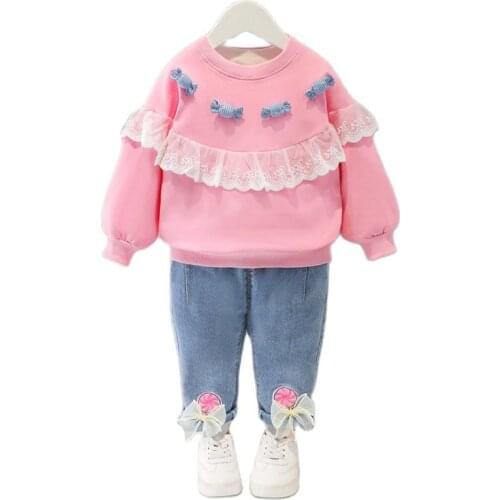 2021 New Spring Autumn Baby Girls Set Candy Sweet Kids Cotton Bow Lace Top+Denim Pant Suits Jeans for Girl Children Clothing