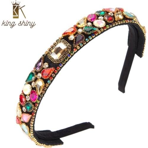 King Shiny Luxury Ins Full Multi Color Crystal Headband Elegent Geometric Gem Diamond Beaded Hairband Girls Party Jewelry Crowns