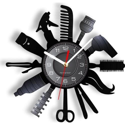 Beauty Hairdresser Tools Equipments Decorative Wall Clock Vinyl Record Stylist Barber Shop Album Handicraft Artwork Silent Watch