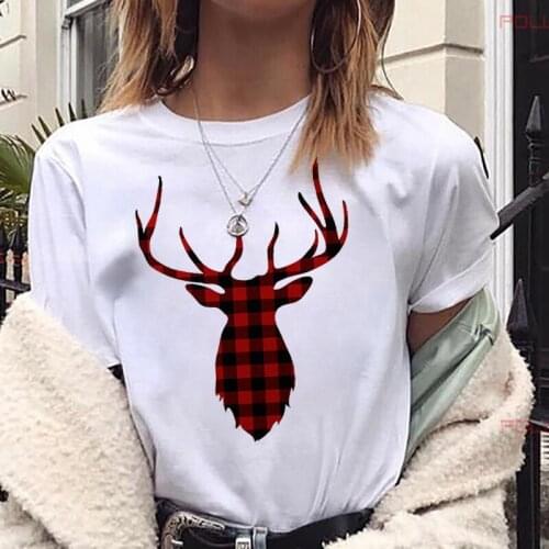 Red Plaid Reindeer Christmas T Shirt Women/Men Fashion Graphic Cute Tee All Seasons Suitable Short Sleeve Tops Hipster Shirt