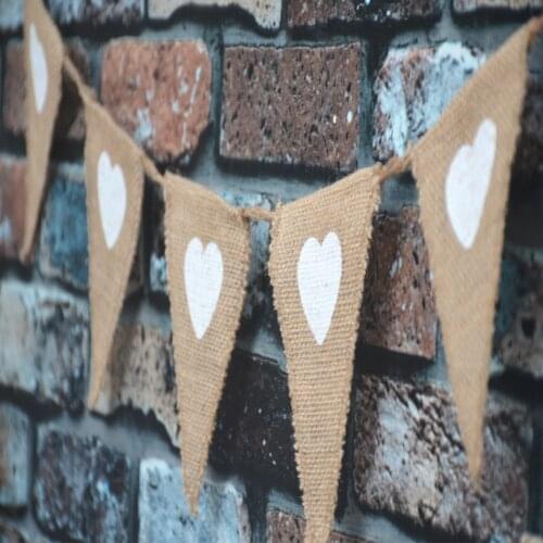 Love Heart Rustic Linen Bunting Flags Burlap Lace Pennant Party Garland Wedding Decoration