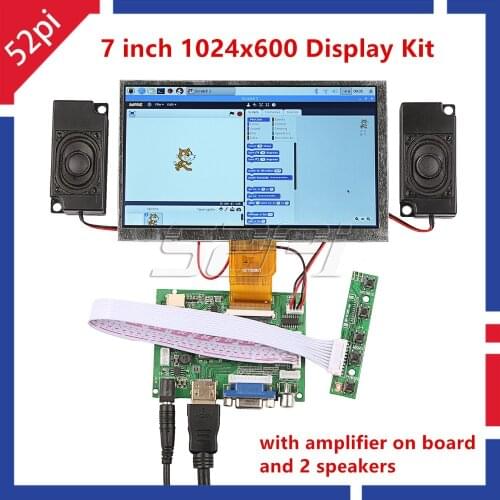 52Pi New! 7 Inch LCD 1024*600 Display Monitor Screen Kit with Amplifier and 2 Pcs Speakers for Raspberry Pi 4 B All Platform/ PC
