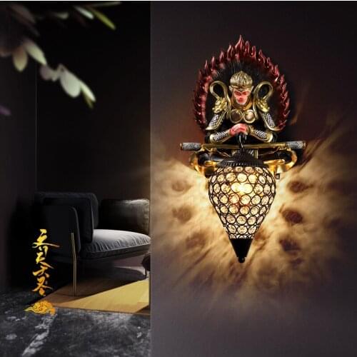 New Chinese style creative Sun Wukong wall lamp living room corridor bedroom bedside lamp decoration monkey crystal wall lamp