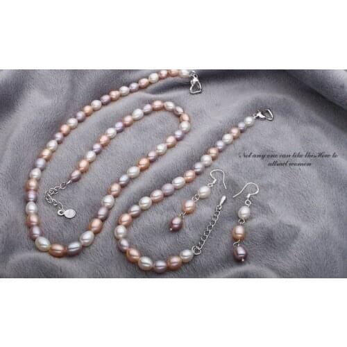 New beautiful Lovely natural freshwater Rice AAA+ pearls 7-8MM Necklace bracelet earrings set