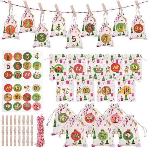 24PCS Christmas Advent Calendar Drawstring Gifts Hanging Bags with 24 Days Number Stickers Christmas Countdown Decorations