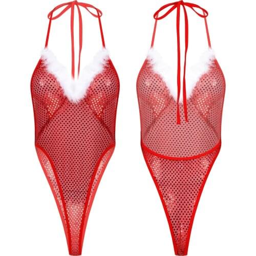 Sexy New Fashion Women Sequins Feather Trim Open Back Deep V Halter Neck Erotic Underwear Bodysuit Christmas Santa Lingerie