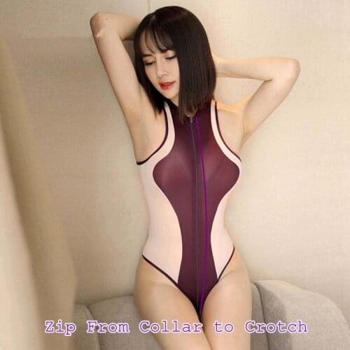 Sexy Lingerie Women Patchwork Bodysuit Double-head Zipper Open Crotch to Neck Jumpsuit Sleeveless Thin Smooth Swimming Wear