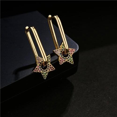 Luxury Gold Color Cubic Zirconia Star Drop Earrings For Women Girl 2021 New Bijoux Square Dangle Earring Wedding Jewelry