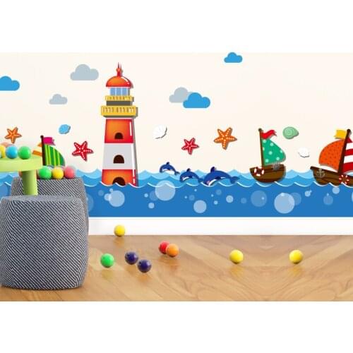 [shijuekongjian] Marine Waist Line Baseboard Sticker Vinyl DIY Cartoon Mural Decals for Kids Room Bady Bedroom Wall Decoration