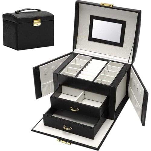 Jewelry Box Large Capacity Earrings Necklace with Mirror Watch Jewelry Drawer Storage Box Necklaces Velvet Lining Black