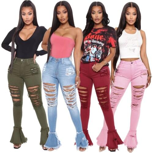 2021 Summer Denim Pants Women Retro Solid Sexy Hole Jeans Ripped Flare Trousers Street Skinny High Waist Lady Pants
