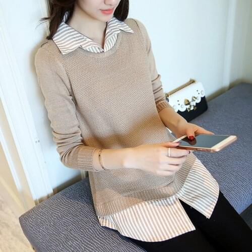 Mid-length Pullover Sweater Women Autumn And Winter Korean Loose Base Sweater Women Autumn New Shirt Collar Fake Two