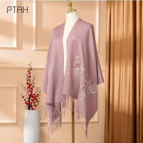 [PTAH] Wool Scarf for Women Thick Cashmere Shawl Wrap Warmer Comfort Winter Temperament Elegant Embroidery Large Scarf 200*60cm