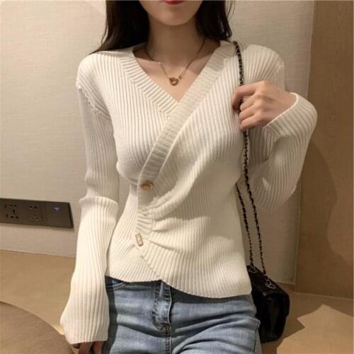Womens Knitted Pullover Cross V Neck Buttons Long Sleeves Slim Thin Sweater Wholesale 2021 Autumn New Elegant Female Clothes