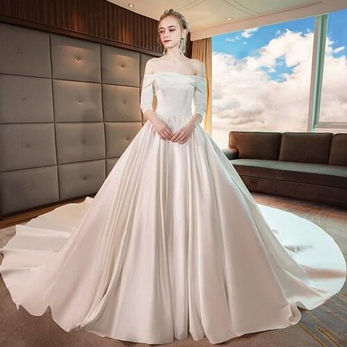 Vestidos De Novia Satin Ball Gown Wedding Dress Boat Neck Sukienka Na Wesele Three Quarter Sleeves Simple Robe De Mariee