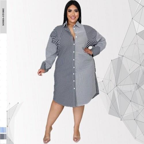 Plus Size Dresses for Women 5xl Fall Professional Capable Stitching Bind Stripe Printed Shirt Dress Sets Wholesale Dropshipping