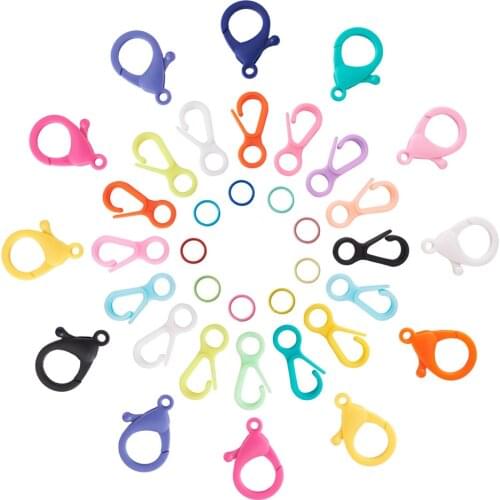 130pcs Candy Colors Plastic Snap Lobster CLaw Clasps Hooks for Keychain DIY Jewelry Findings Accessories with Iron Jump Rings