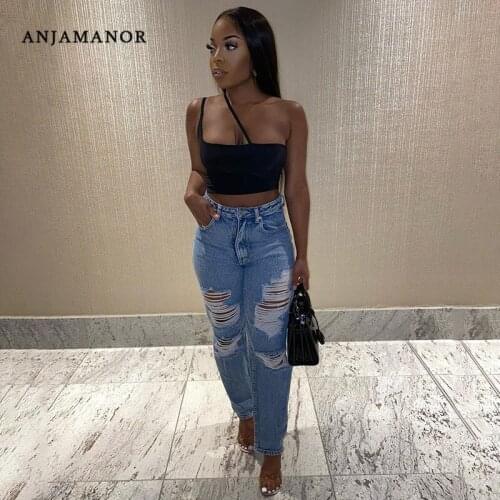 ANJAMANOR Sexy Black Cami Asymmetric Spaghetti Strap Crop Top Shirt Summer 2021 Women Streetwear Clothing Tank Tops D85-AE10