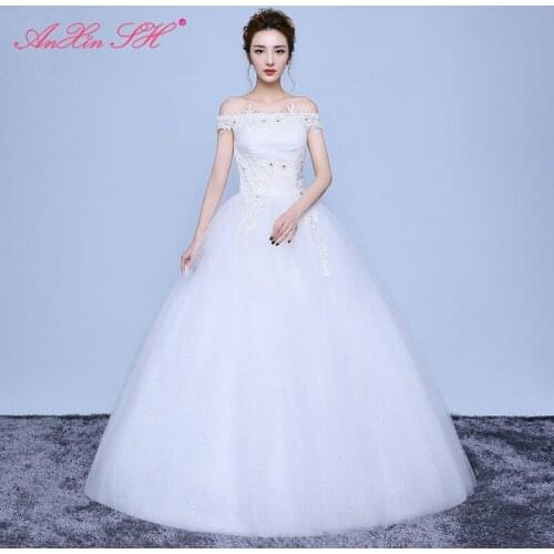 AXJFU princess white flower lace wedding dress vintage party boat neck beading crystal turkey ball gown red rose wedding dress