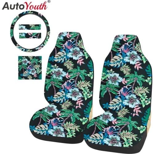 5 pcs Coconut tree pattern Car Accessories ,Include Car Front Seat Covers, Steering Wheel Cover,2 pcs Seat Belt Covers,Universal