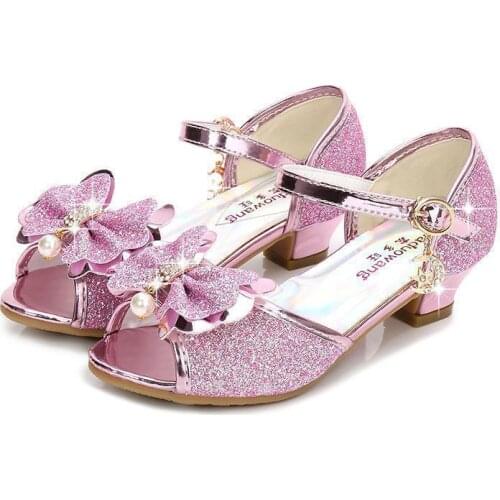 2019 Summer Girls High Heel Princess Dance Sandals Kids Shoes Glitter Leather Butterfly Girls Children Party Dress Wedding Shoes