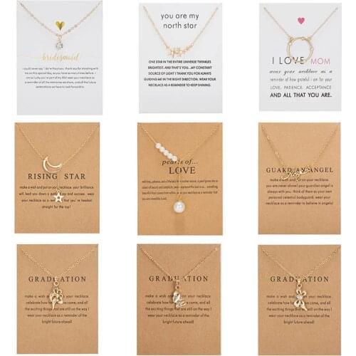 Gold Color Chain Moon Star Butterfly Flower Pearl Necklace Pendant For Women Choker Wish Card Party Wedding Friendship Jewelry