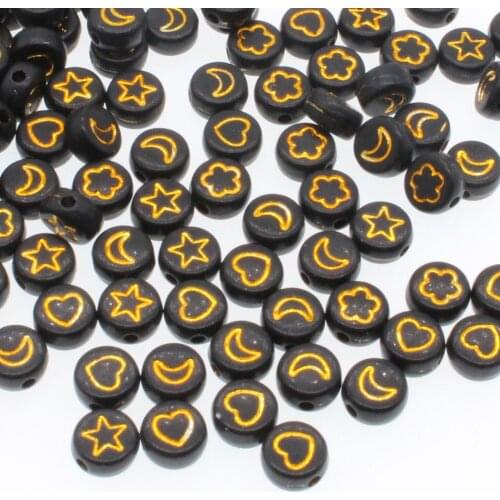 CHONGAI 100Pcs Fashion Jewelry black Love Heart Flowers moon Acrylic Flat Round Beads For DIY Craft &Jewelry Making 4X7mm