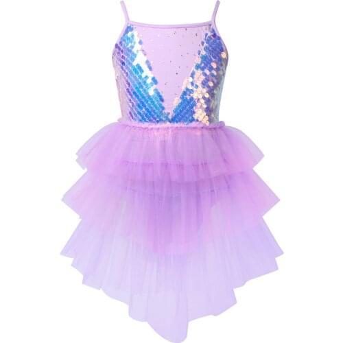 Kids Girls Shiny Sequin Tiered Tulle Camisole Dress Children Ballet Dance Gymnastics Leotard Dress Jazz Latin Dancewear