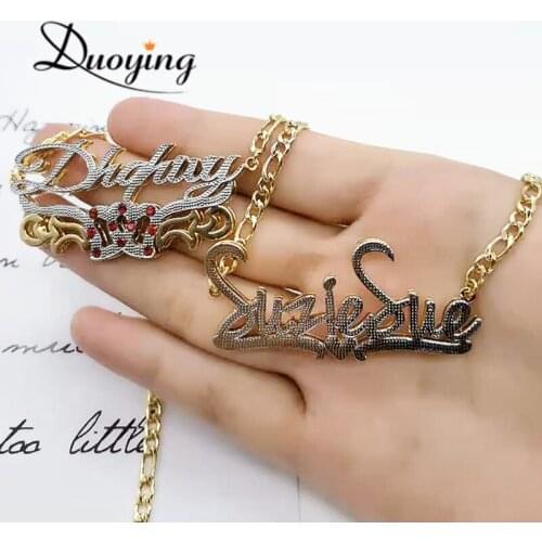 DUOYING Zircon Customized Two-Tone Nameplate 3D Necklace Personalized Pendant Name Necklaces Choker Women Custom Necklace Gift