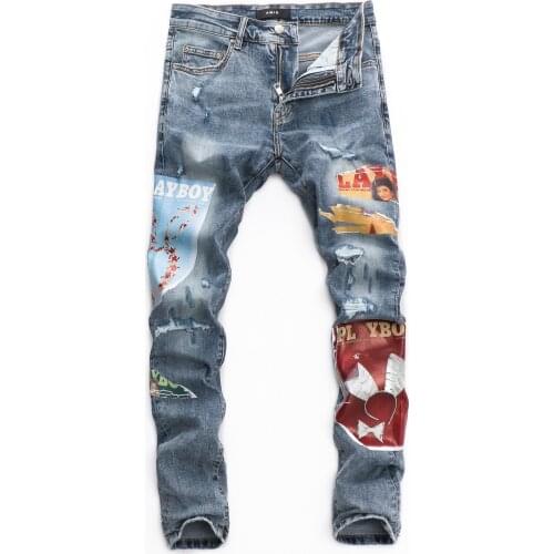 Jeans Men D2 Slim Fit Casual Graffiti Printed Ripped Tights Jeans Males Small Foot Tide Ripped Jeans For Men Pantalon Moto Homme