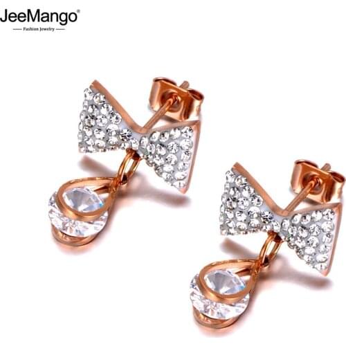 JeeMango Sparkling Titanium Stainless Steel Rhinestone Bowknot Earrings Fashion CZ Crystal Earrings For Women Girls JE20029